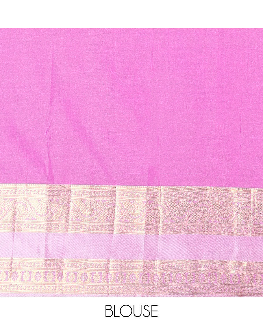 Pink zari buttas budget silk saree, contrast traditional zari border, and geometric patterned pallu