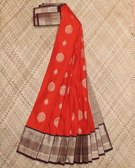Orange zari buttas budget silk saree, contrast traditional zari design border, and jaal pallu
