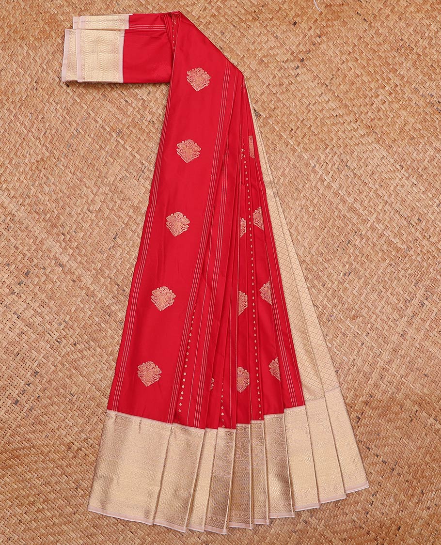 Red zari design gift saree, contrast traditional zari design border, and jaal pallu