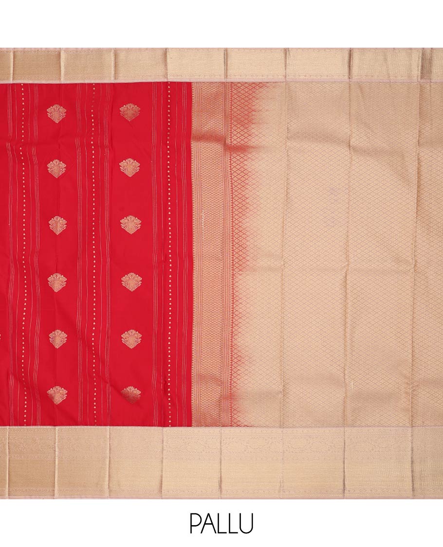 Red zari design gift saree, contrast traditional zari design border, and jaal pallu