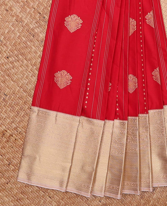 Red zari design gift saree, contrast traditional zari design border, and jaal pallu