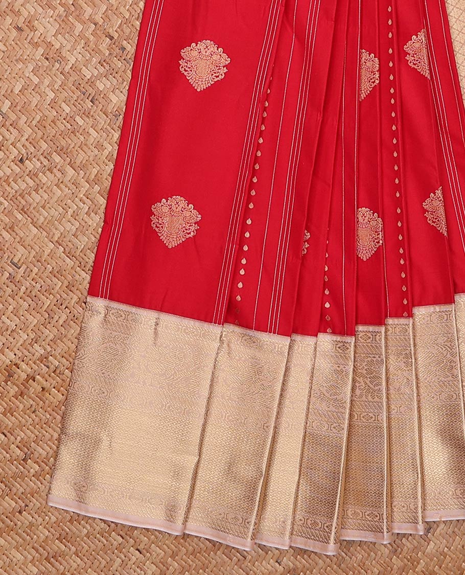 Red zari design gift saree, contrast traditional zari design border, and jaal pallu