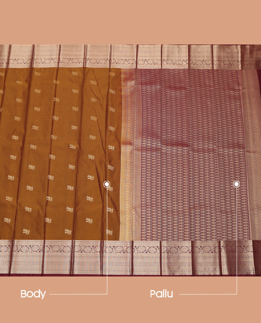 Brown Budget Silk Saree Elegantly Framed with Zari Buttas, Featuring a Contrast Traditional Zari-Design Border, Captivated with Mughal-Style Floral Butta Enclosed Arch Pallu, and a Contrast Blouse