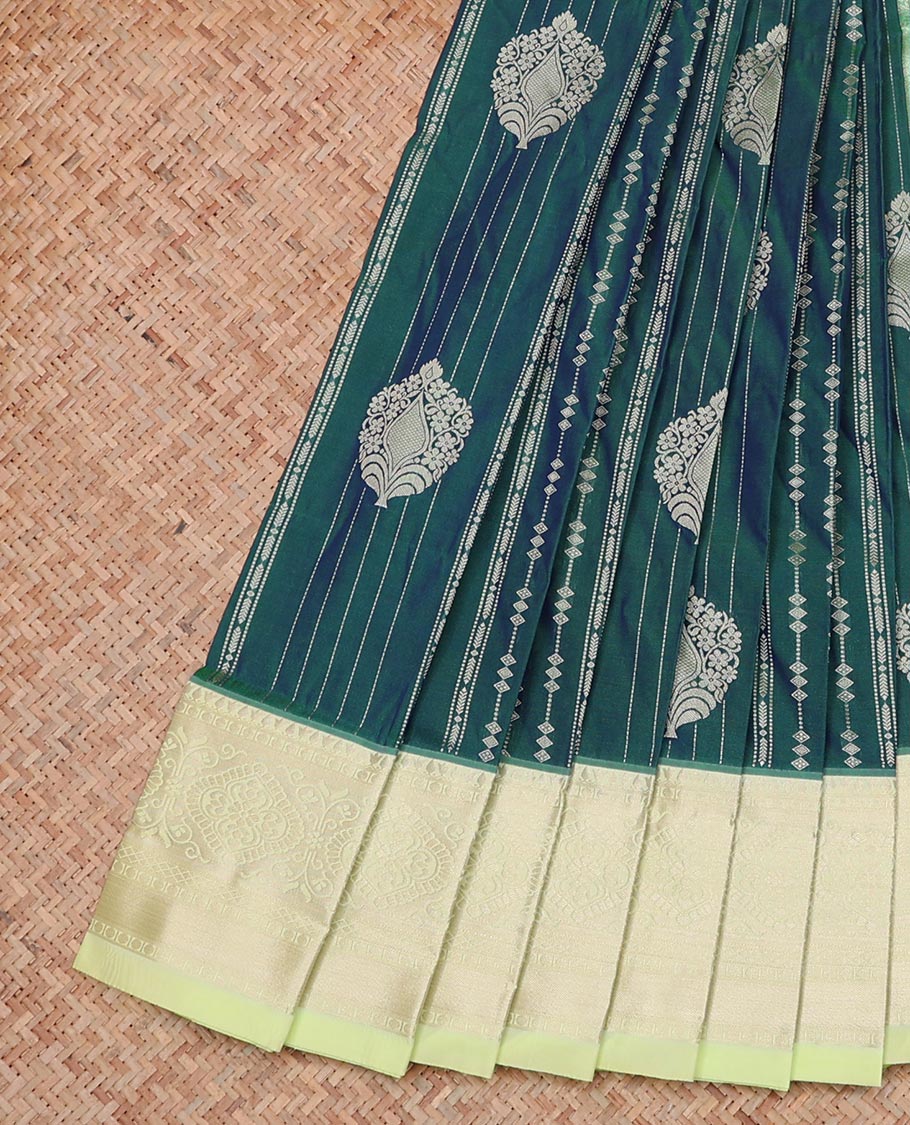 Blue Budget Silk Saree Woven with Intricate Zari Buttas, Featuring a Contrast Traditional Zari Design Steeped Border, Zari-Designed Pallu, and a Contrast Zari-Bordered Blouse