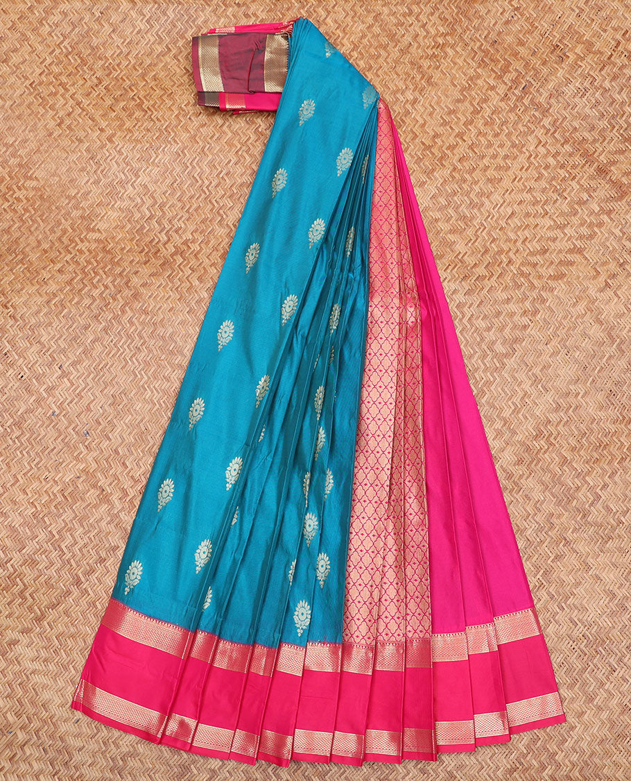 Blue Budget Silk Saree, Beautified with Buttas All Over Its Body, Complemented by a Contrast Traditional Zari Design Rettai Pettu Border, Gracefully Woven Pallu of Jaal Designs, and Paired with a Contrast Blouse