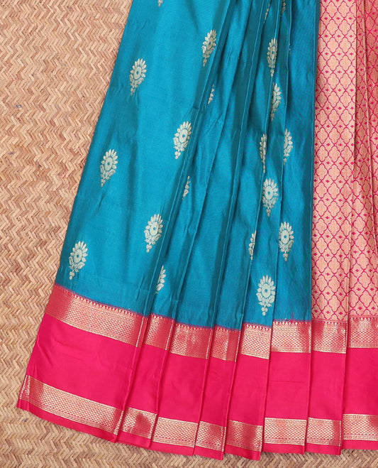 Blue Budget Silk Saree, Beautified with Buttas All Over Its Body, Complemented by a Contrast Traditional Zari Design Rettai Pettu Border, Gracefully Woven Pallu of Jaal Designs, and Paired with a Contrast Blouse