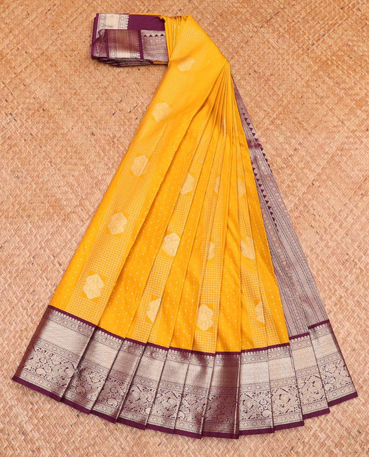 Yellow Budget Silk Saree, Finely Crafted with Zari Buttas All Over Its Body, Complemented by a Contrast Traditional Zari Design Border, Grand Geometric-Patterned Pallu, and Paired with a Contrast Blouse