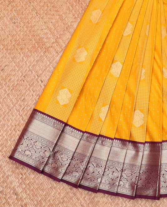 Yellow Budget Silk Saree, Finely Crafted with Zari Buttas All Over Its Body, Complemented by a Contrast Traditional Zari Design Border, Grand Geometric-Patterned Pallu, and Paired with a Contrast Blouse