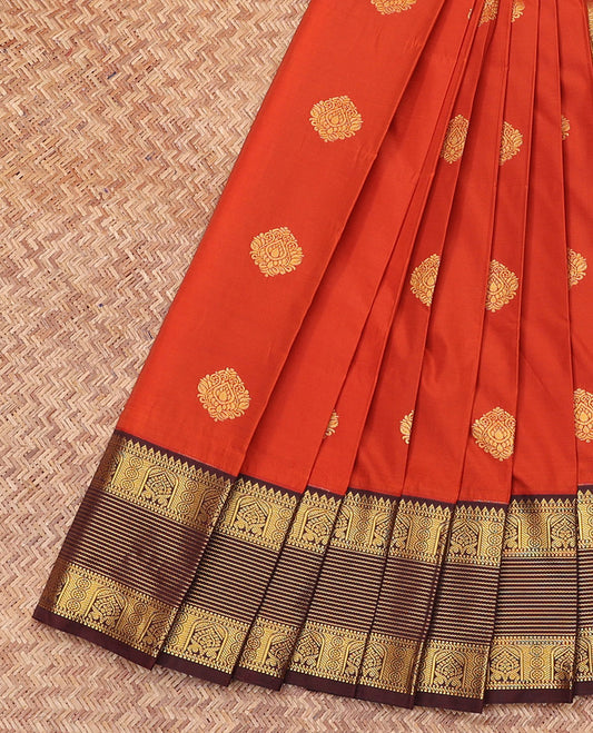 Orange Budget Silk Saree, Delicately Woven with Zari Buttas All Over Its Body, Complemented by a Contrast Traditional Zari Design Woven Border, Grand Jaal Pallu, and Paired with a Contrast Blouse