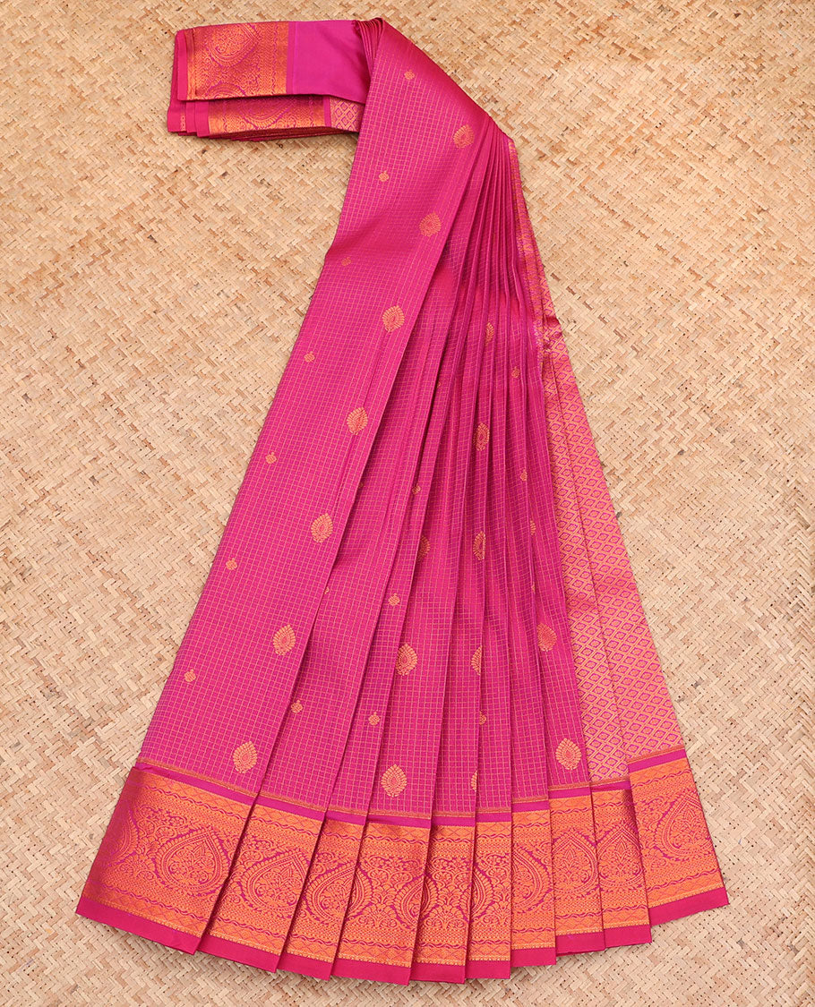 Pink Budget Silk Saree, Enthralled with Zari Buttas and Checks All Over Its Body, Highlighted by a Traditional Zari Design Border, Jaal Pallu, and Paired with a Matching Blouse