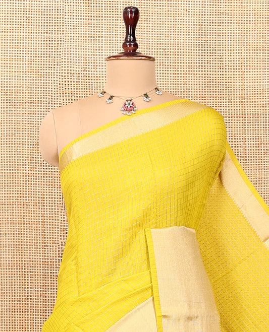 Yellow Assam Silk Saree, Subtly Sparkled with Checks, Traditional Zari Border, Zari Striped Pallu, and a Contrast Blouse