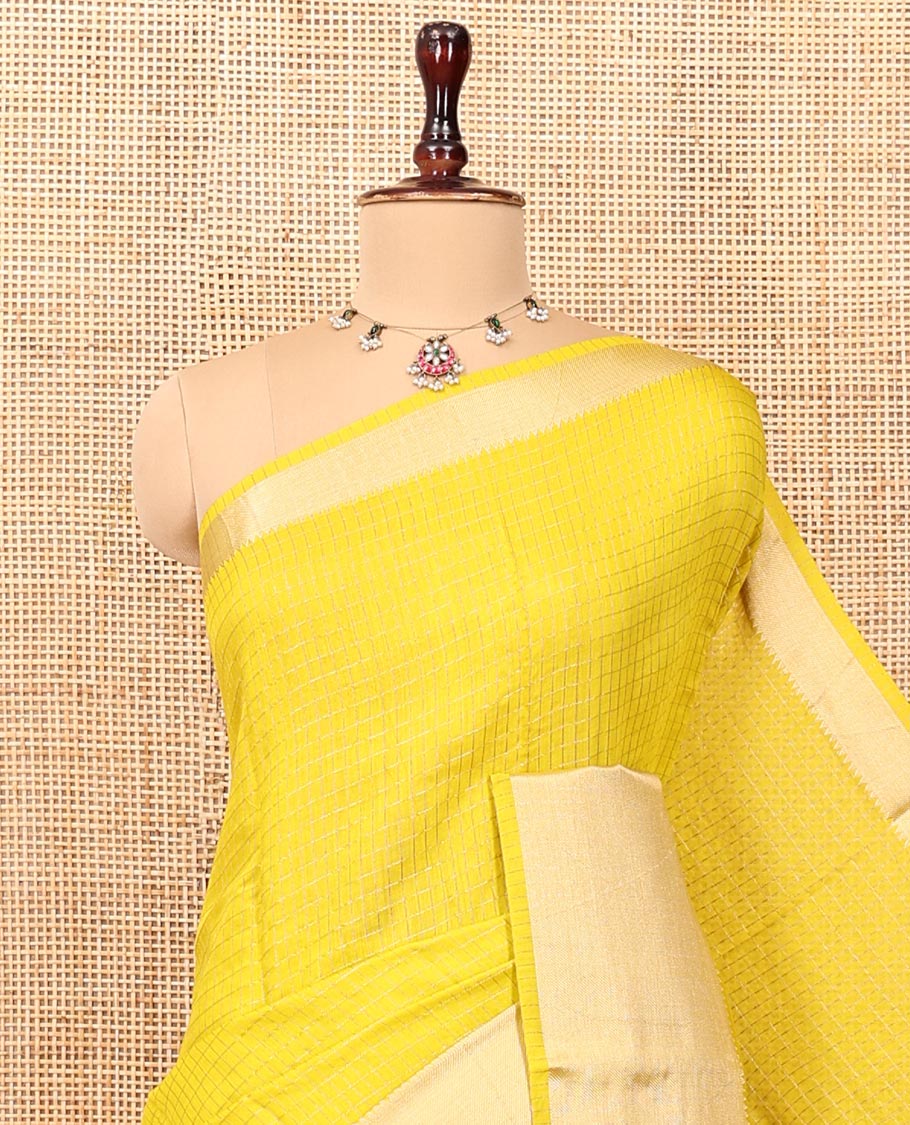 Yellow Assam Silk Saree, Subtly Sparkled with Checks, Traditional Zari Border, Zari Striped Pallu, and a Contrast Blouse