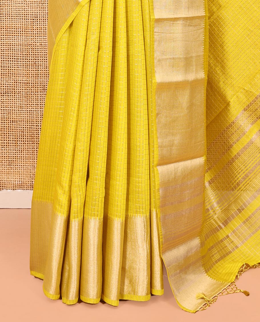 Yellow Assam Silk Saree, Subtly Sparkled with Checks, Traditional Zari Border, Zari Striped Pallu, and a Contrast Blouse