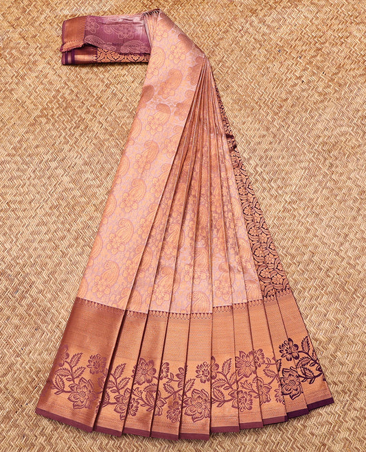 Peach Budget Silk Saree, Ornamented with Paisley Jacquard, Complemented by Contrast Traditional Zari Border, Intricate Pallu, and a Contrast Blouse