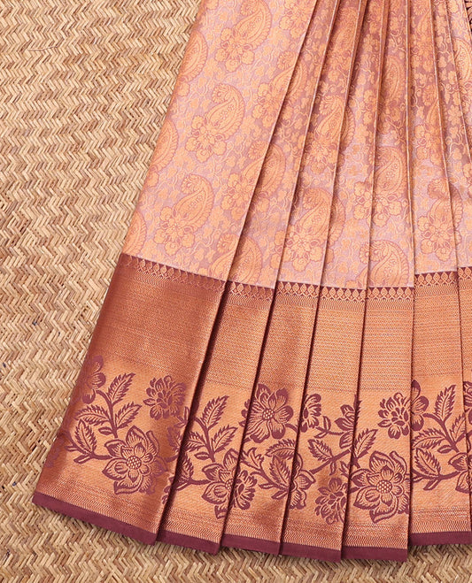 Peach Budget Silk Saree, Ornamented with Paisley Jacquard, Complemented by Contrast Traditional Zari Border, Intricate Pallu, and a Contrast Blouse