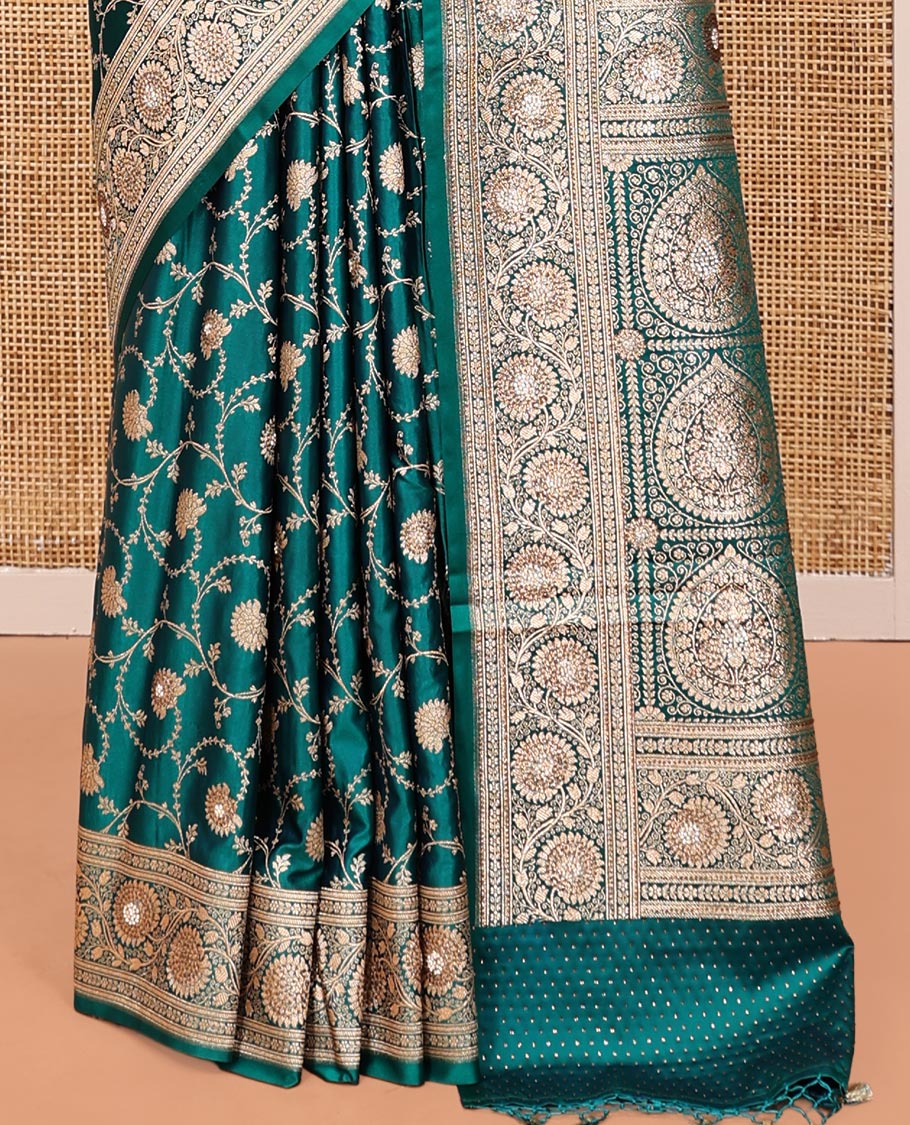 Green Banarasi Satin Saree, Bedecked with Floral Jaal Jacquard, a Floral Creeper Border, Intricate Stonework Pallu, and a Matching Blouse