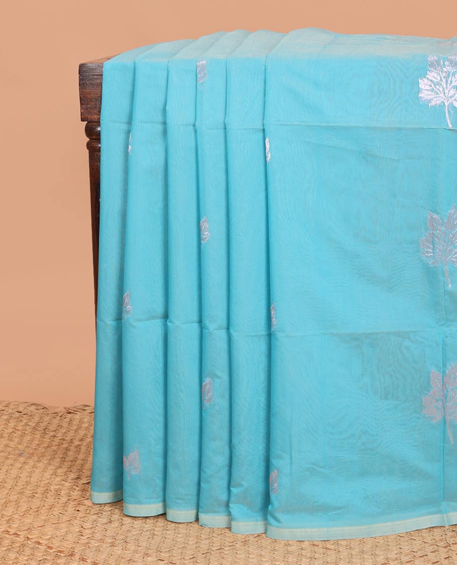 Borderless light blue floral buttas semi-silk cotton saree, Mughal-style motifs woven pallu