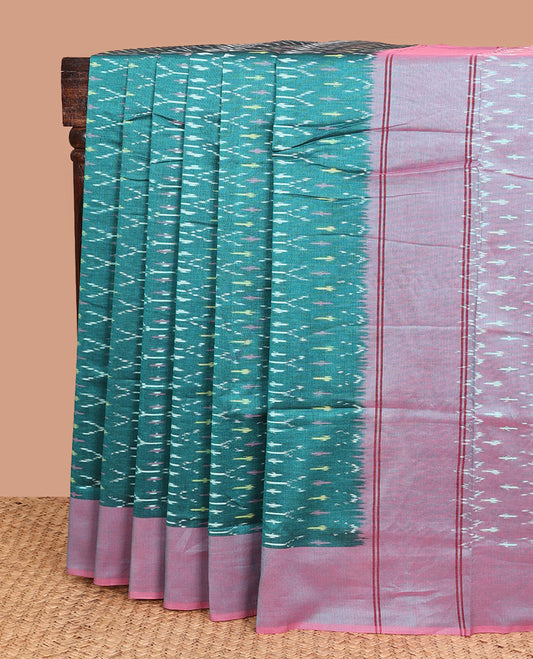 Peacock blue buttas ikkat cotton saree, contrast plain border, and pallu of buttas