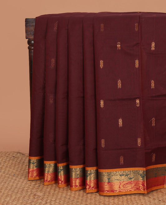 Maroon zari buttas Venkatagiri cotton saree, contrast zari peacock motifs woven border, and zari striped pallu