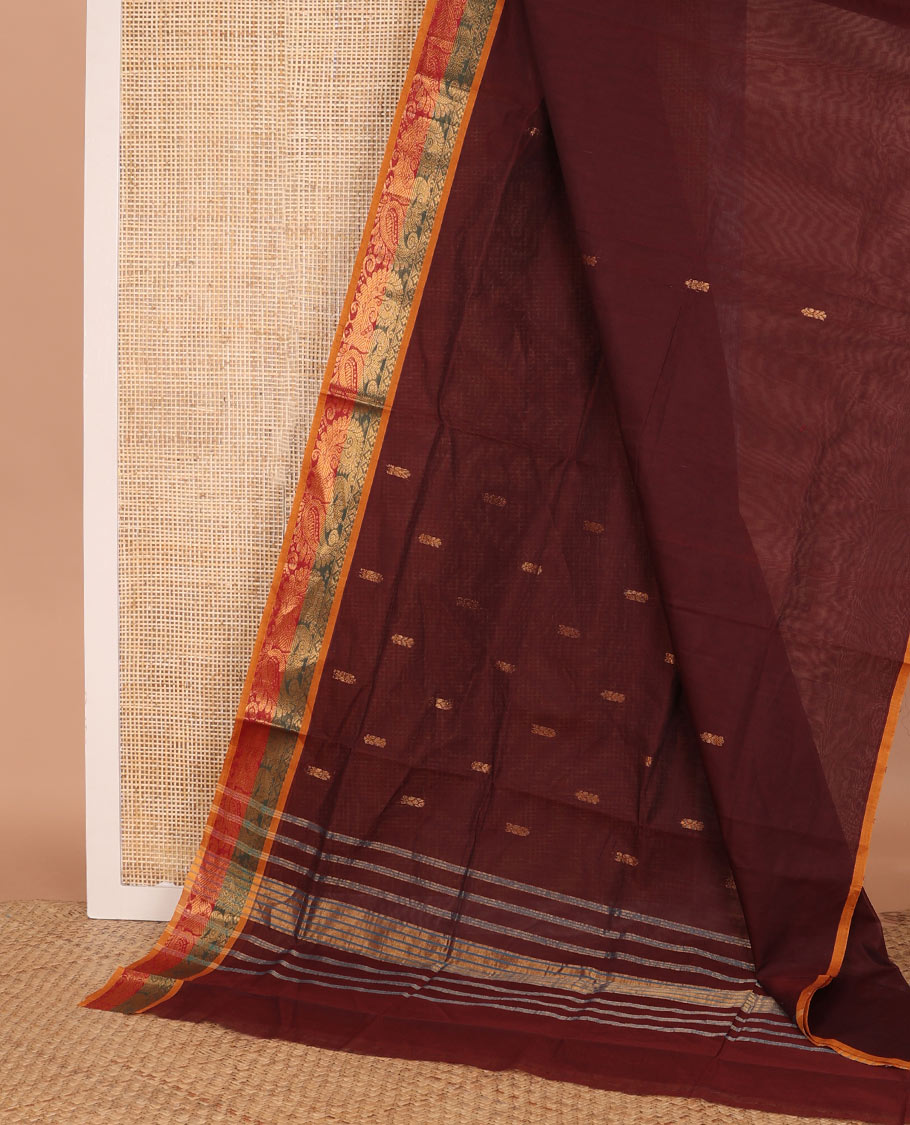 Maroon zari buttas Venkatagiri cotton saree, contrast zari peacock motifs woven border, and zari striped pallu