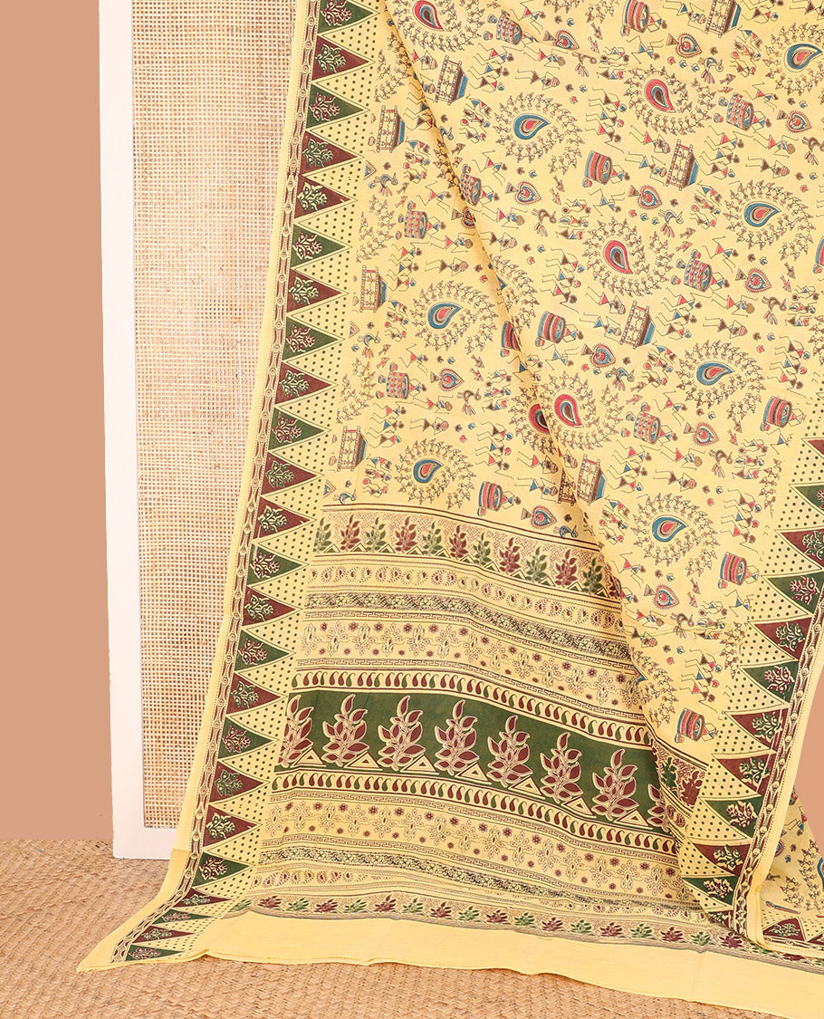 Light Yellow Sungudi Cotton Saree Enlivened with Warli-Village Theme Motifs Prints, Subtly Printed Temple Motif Border, and Pallu Steeped with Floral and Geometric Designs