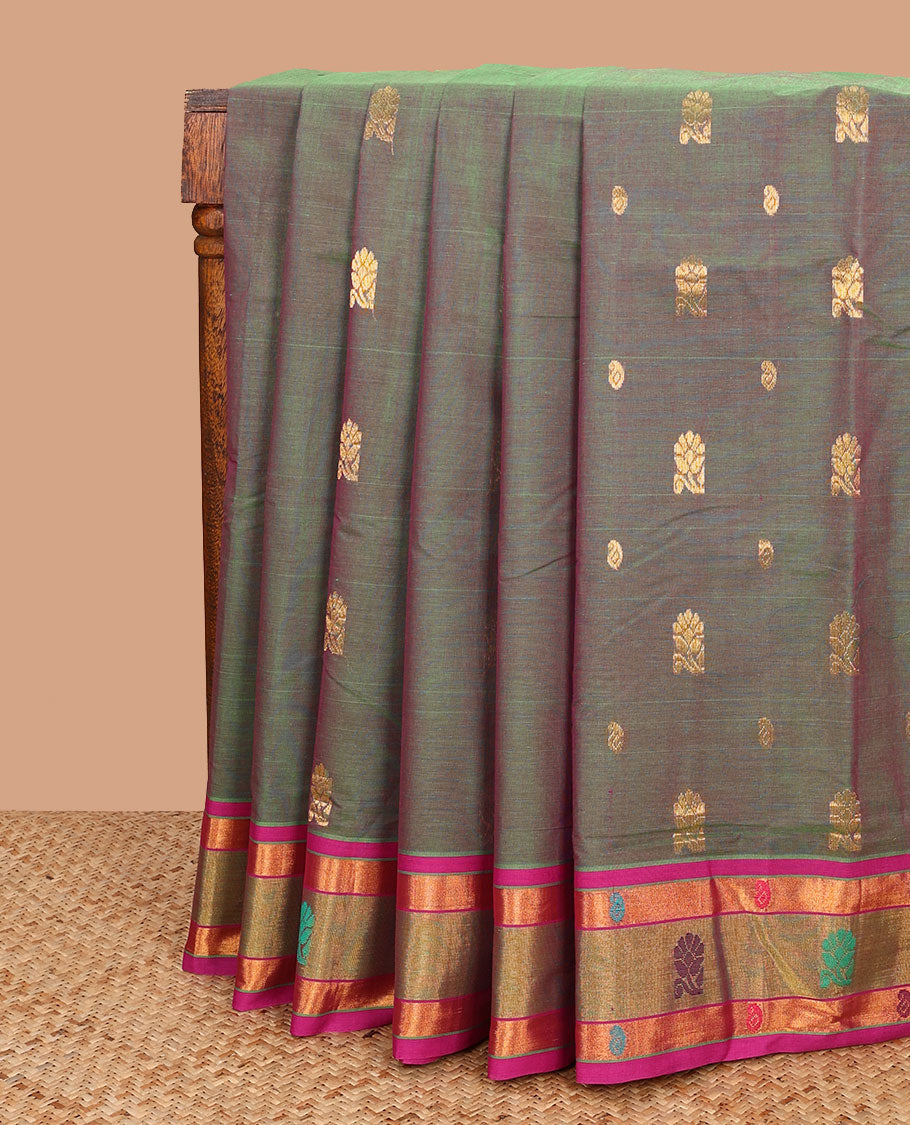 Green dual-toned zari buttas Venkatagiri cotton saree with contrast thread work border, and pallu of zari stripes