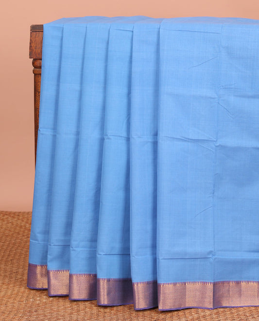 Blue Plain Mangalagiri Cotton Saree, Complemented by Contrast Temple Zari Border, Gleaming Zari Pallu, and Paired with a Matching Blouse