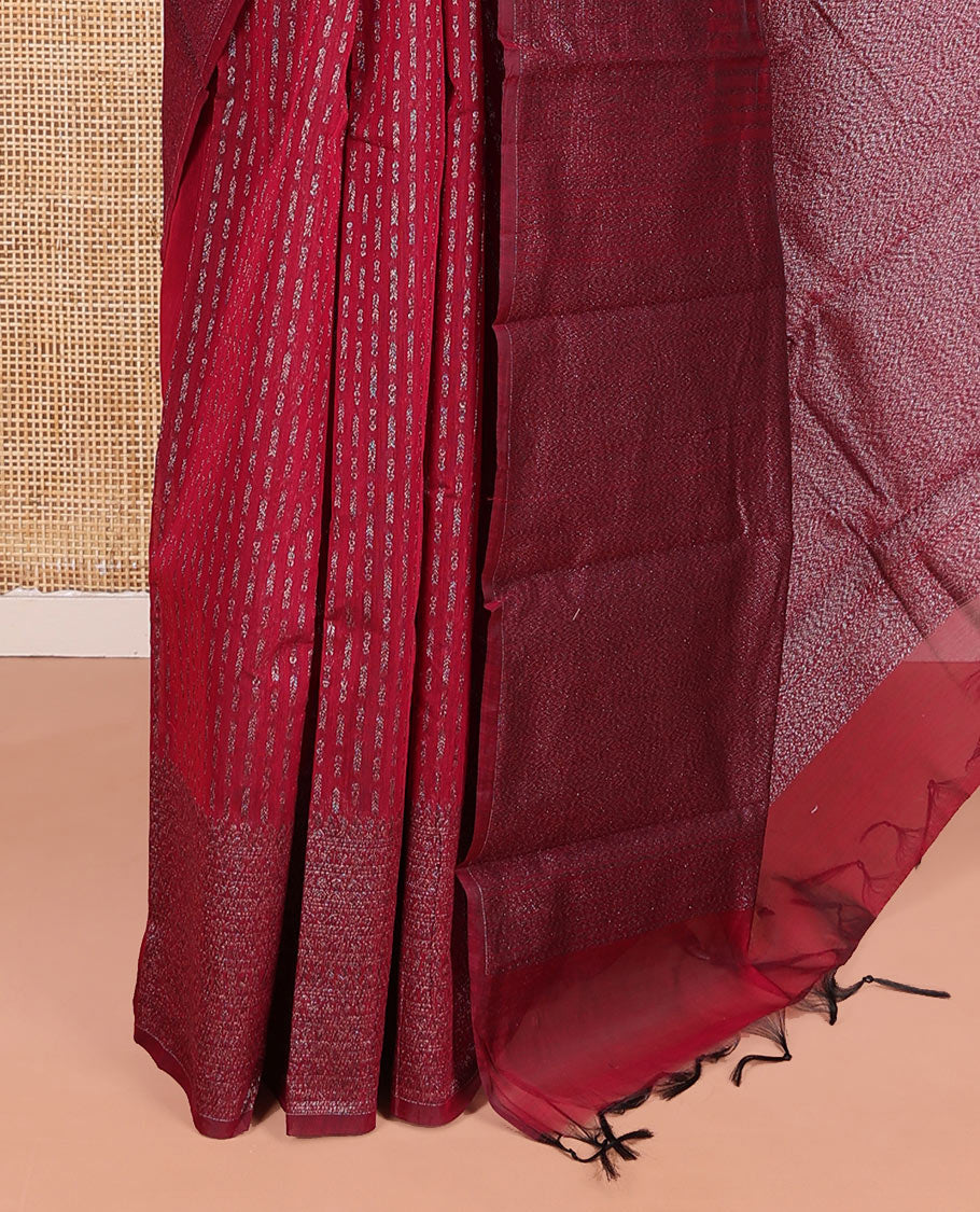 Red Semi-Silk Cotton Saree, Enriched with Zari Stripes All Over Its Body, Gleaming Zari Design Border, Intricately Designed Pallu, and Paired with a Matching Blouse