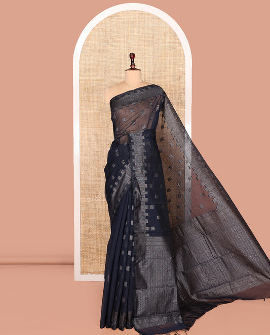 Blue Semi-Silk Cotton Saree, Detailed with Buttas on Its Body, Highlighted by a Zari Geometric Border, Gleaming Zari Decked Up Pallu, and Paired with a Matching Blouse