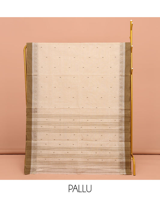 Light Sandal Bengal Cotton Saree, Delicately Woven with Buttas All Over Its Body, Complemented by a Contrast Border of Unique Designs, Pallu of Stripes and Buttas, and Paired with a Matching Blouse