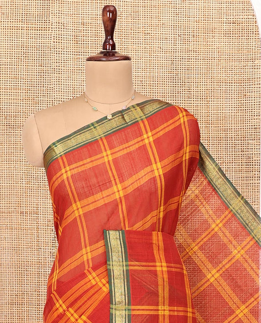 Red Andhra Cotton Saree, Finely Crafted with Checked Design All Over Its Body, Complemented by a Contrast Traditional-Patterned Border, Contrast Pallu of Stripes and Ikkt Floral Buttas, and Paired with a Matching Blouse