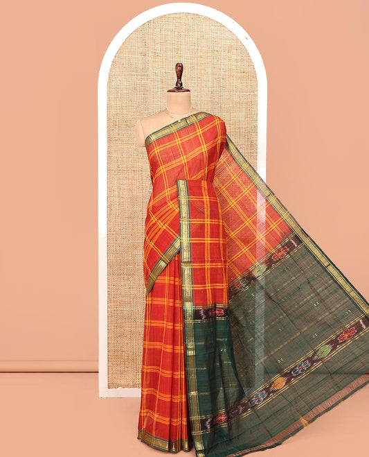 Red Andhra Cotton Saree, Finely Crafted with Checked Design All Over Its Body, Complemented by a Contrast Traditional-Patterned Border, Contrast Pallu of Stripes and Ikkt Floral Buttas, and Paired with a Matching Blouse