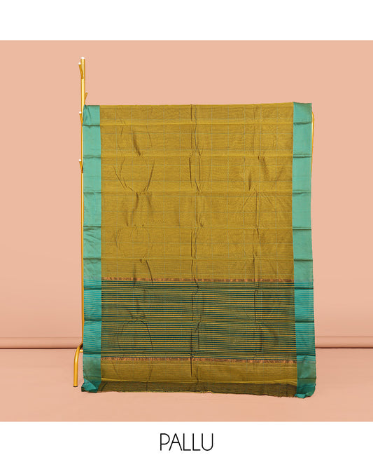 Green Semi-Silk Cotton Saree, Subtly Sparkled with Checks All Over Its Body, Complemented by a Contrast Border, Striped Pallu, and Paired with a Matching Blouse