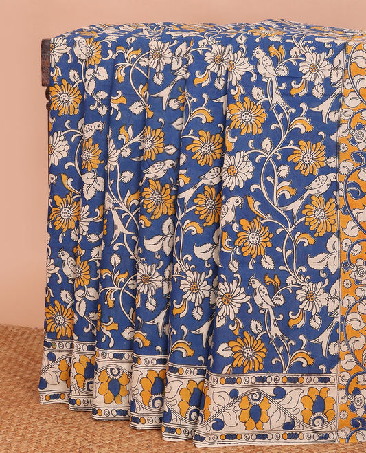 Blue floral vine & bird machine-printed kalamkari cotton saree, contrast floral creeper printed border & pallu of peacock print