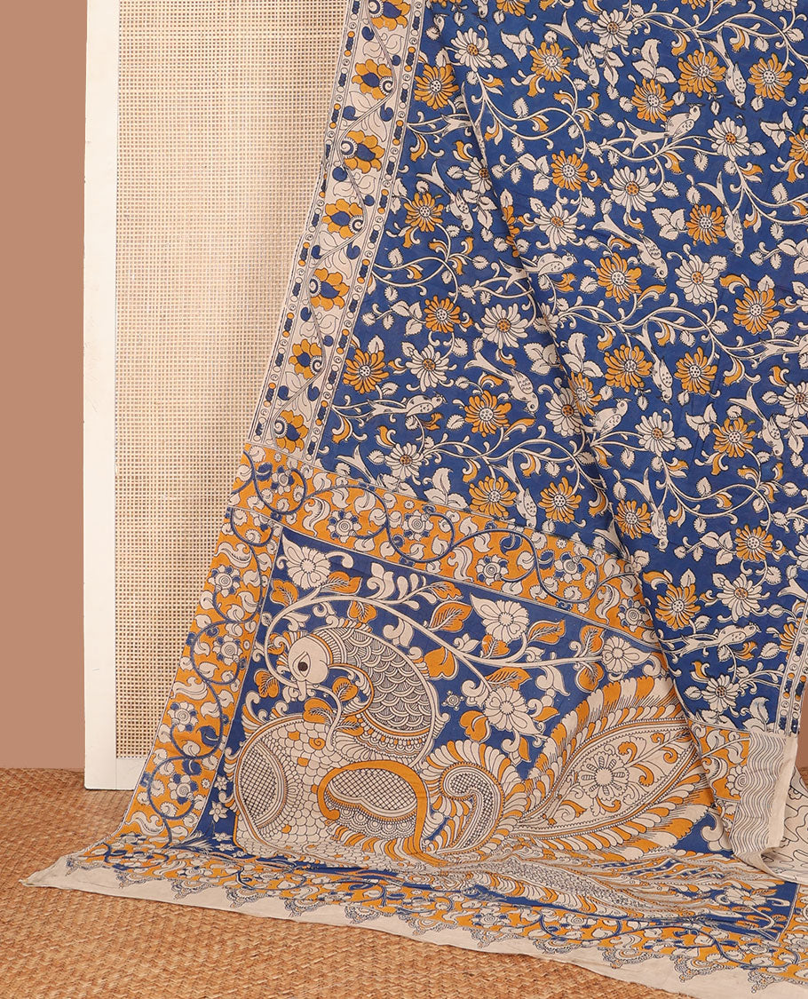 Blue floral vine & bird machine-printed kalamkari cotton saree, contrast floral creeper printed border & pallu of peacock print