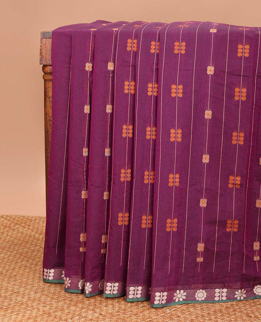 Purple floral stripes Coimbatore cotton saree, contrast butta border, and pallu steeped with traditional designs