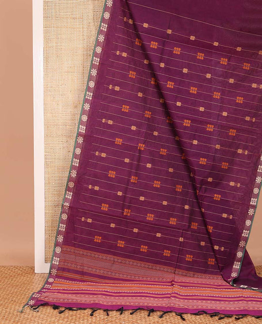 Purple floral stripes Coimbatore cotton saree, contrast butta border, and pallu steeped with traditional designs