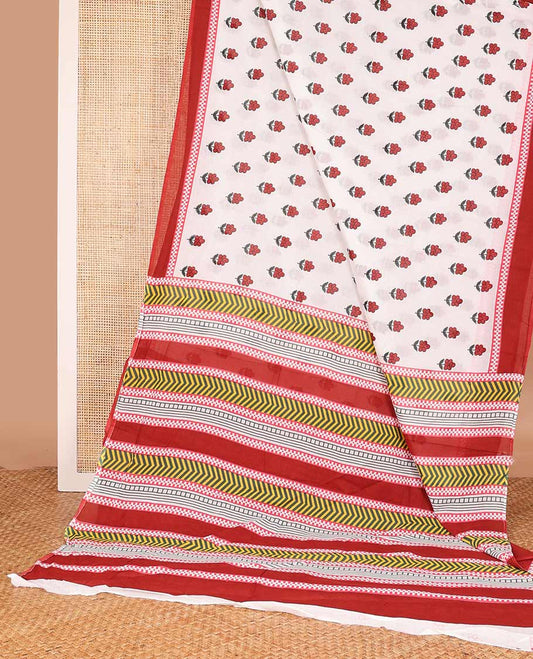 White cherry fruit motifs printed mul mul cotton saree, contrast border, and pallu of geometric patterns print