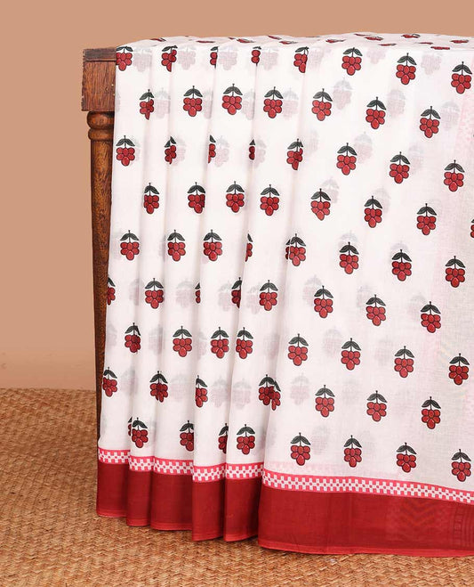 White cherry fruit motifs printed mul mul cotton saree, contrast border, and pallu of geometric patterns print