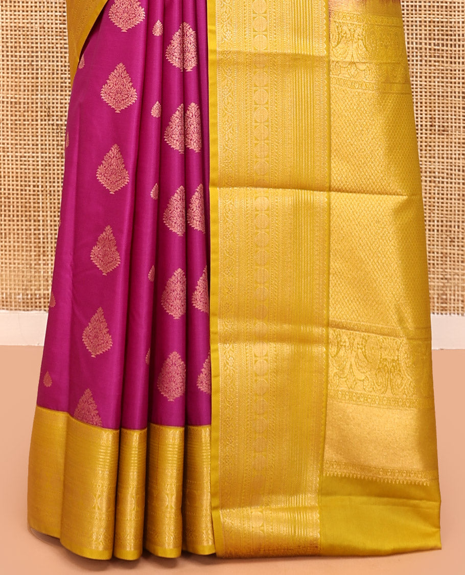 Magenta-Fluorescent Green Budget Silk Saree Features Buttas, Contrast Border, Pallu, and Contrast Blouse