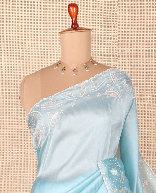 Blue plain designer saree, scallop embroidered border & contrast blue leaf-neck floral thread embroidery readymade blouse