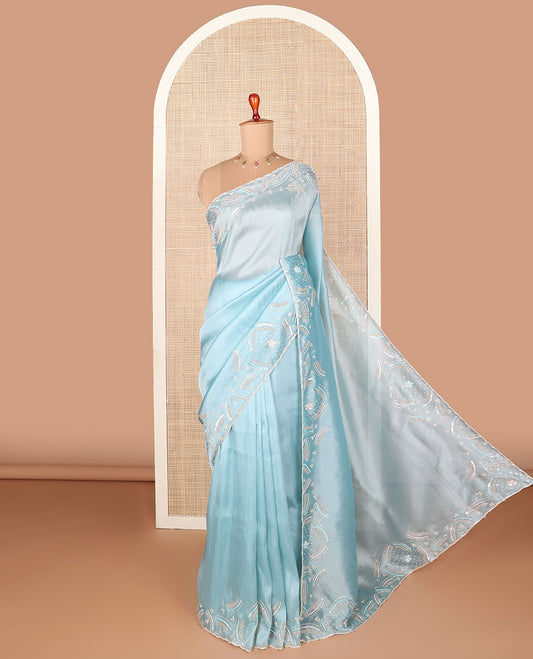 Blue plain designer saree, scallop embroidered border & contrast blue leaf-neck floral thread embroidery readymade blouse