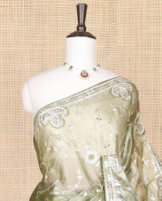 Green floral vine gota patti embroidered designer saree, self-border of floral & paisley motifs in gota patti embroidery