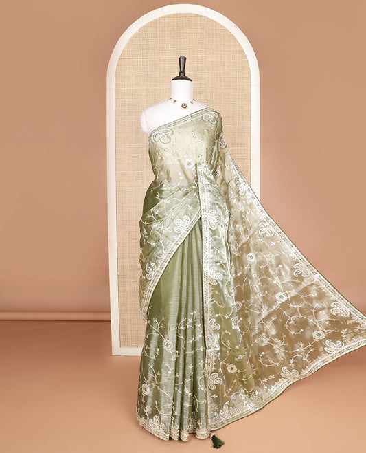 Green floral vine gota patti embroidered designer saree, self-border of floral & paisley motifs in gota patti embroidery