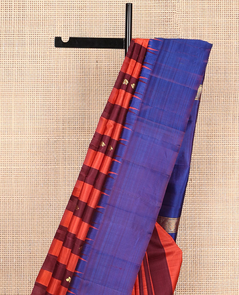 Maroon & orange striped Kanchipuram silksaree with zari buttas, contrast one-sided thaampoo rekku border & zari woven pallu