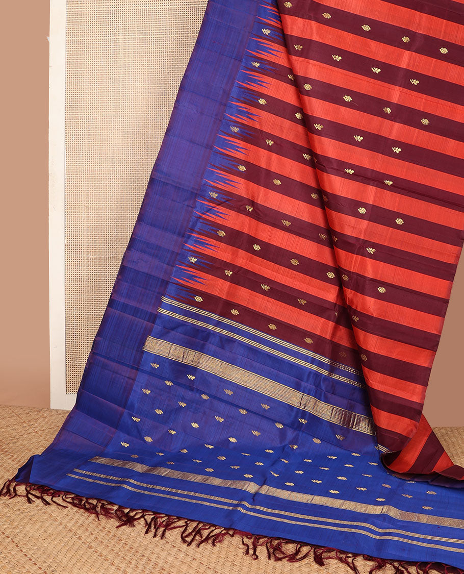 Maroon & orange striped Kanchipuram silksaree with zari buttas, contrast one-sided thaampoo rekku border & zari woven pallu