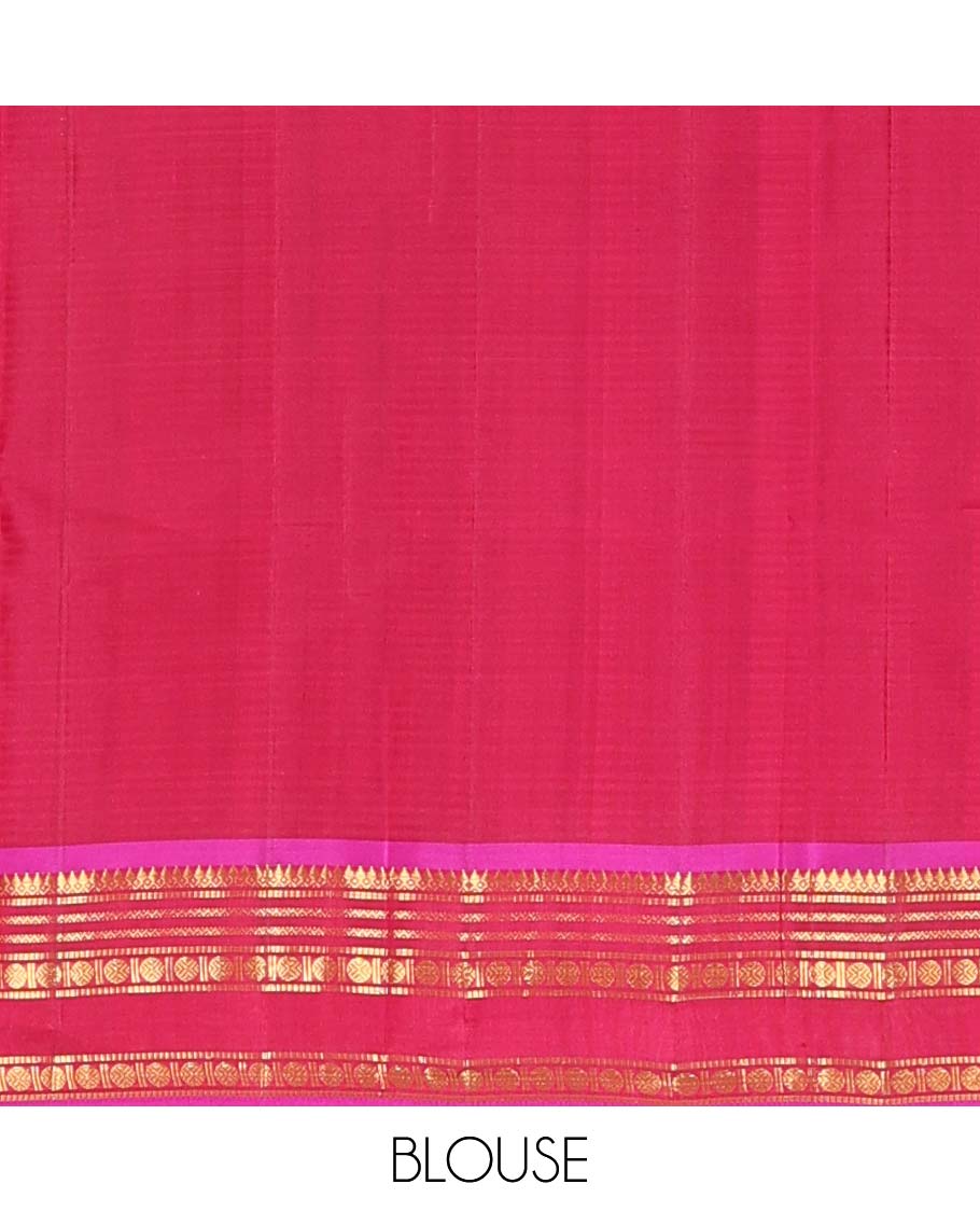 Orange striped and buttas Kanchipuram silk saree, contrast border and pallu of thilakam mokku, muthu, neli, and rudraksham designs