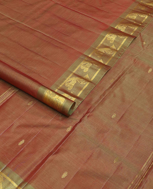 Brown zari buttas Kanchipuram silk saree, contrast instrumental theme, zari woven border of veena motifs, and zari design pallu