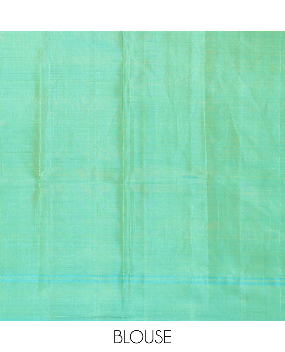 Green checked Kanchipuram silk saree, contrast striped border, and pallu of stripes