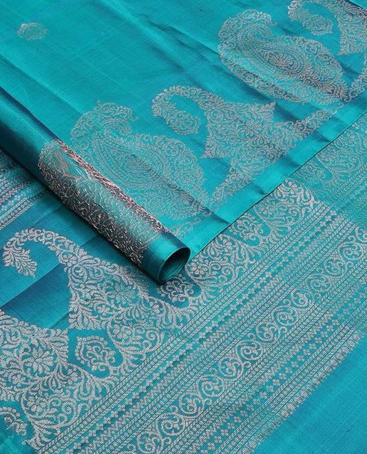 Borderless blue zari buttas and paisleys soft silk saree, zari woven pallu of intricate designs